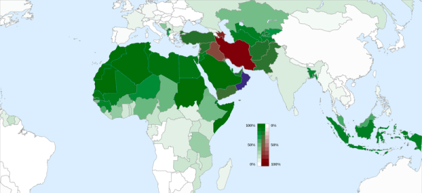 The countries where the Shia form a majority are Iran, Iraq, Azerbaijan, and Bahrain; all are coloured in red. – Map: Wikipedia